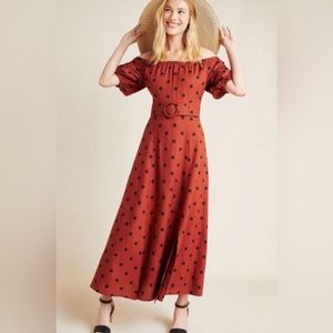 Maeve by Anthropologie Lucienne Off-the Shoulder Maxi Dress Rust Polka Dots 4
